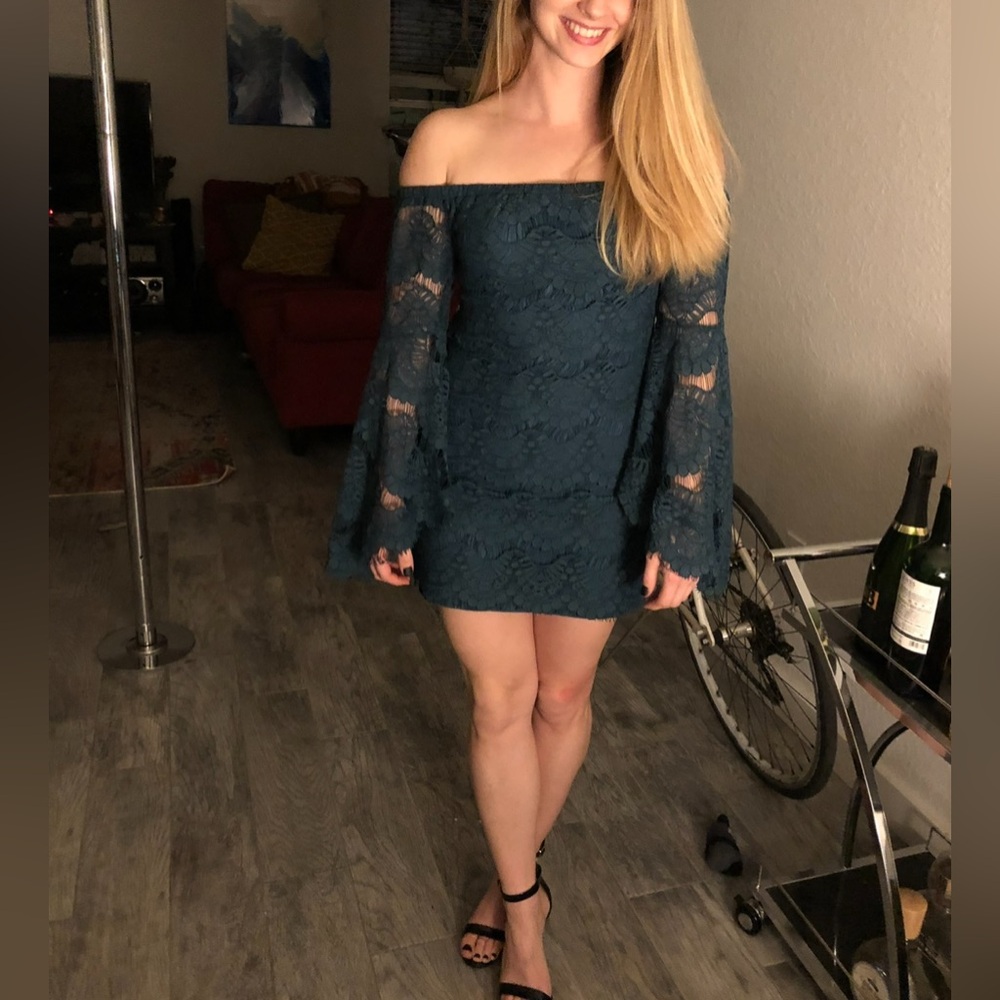 Minkpink teal lace minidress with bell sleeves